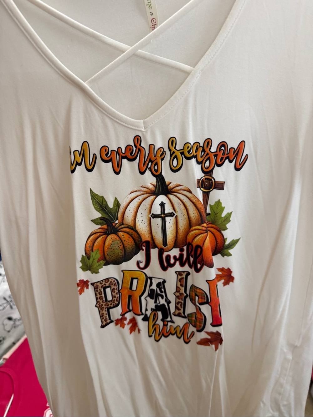 Faith-Inspired White Crisscross V-Neck Pumpkin Graphic Tee